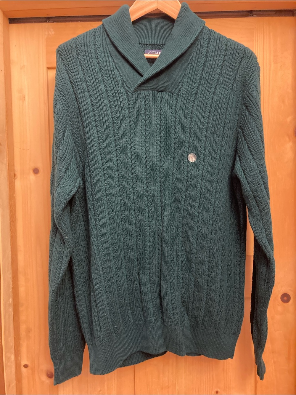 CHAPS Textured Shawl Collar Cable Knit Cotton Sweater Forest Green